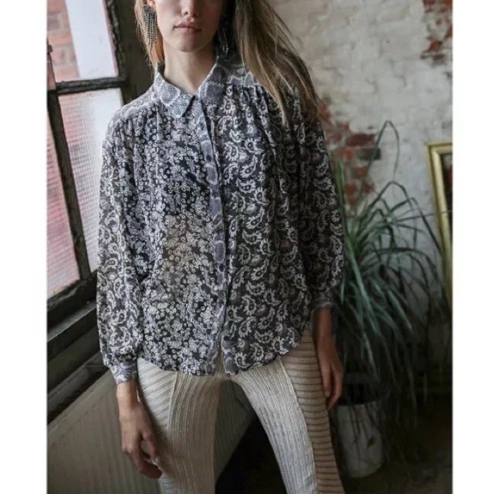 Free People Dani Blouse Button Up Sheer Flowy Floral Snakeskin Top Womens XL